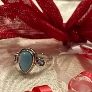 Sweet Pear Shape Cabochon Larimar & Blue Topaz Ring Size 9.